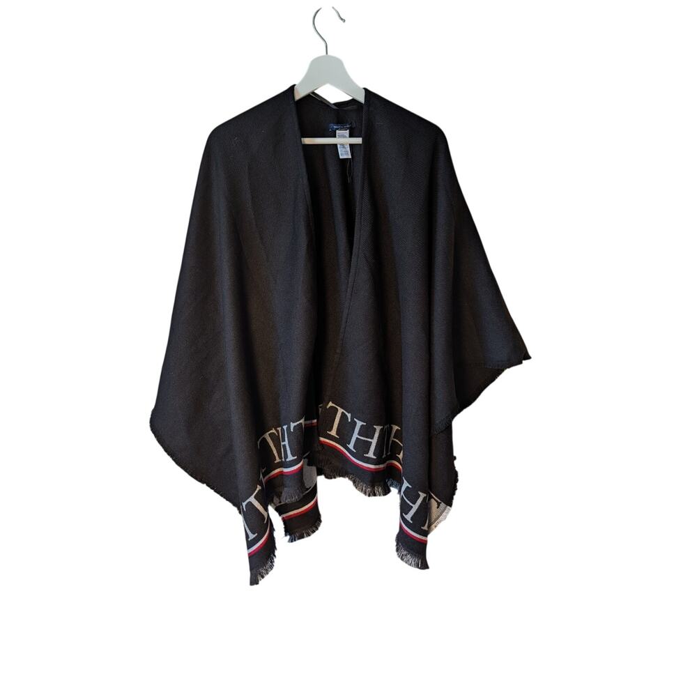 Tommy Hilfiger Monogram Logo Fringe Poncho Wrap Cape Womens OS Black Preppy